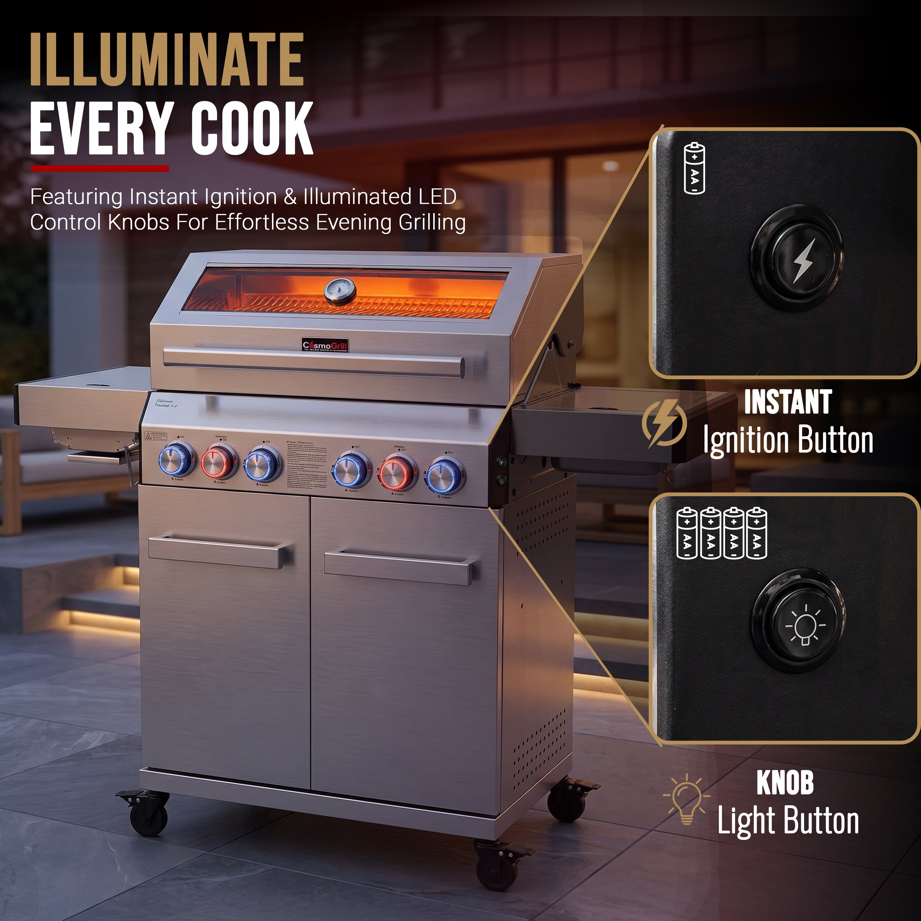 Stainless steel outdoor grill with instant ignition and illuminated LED control knobs