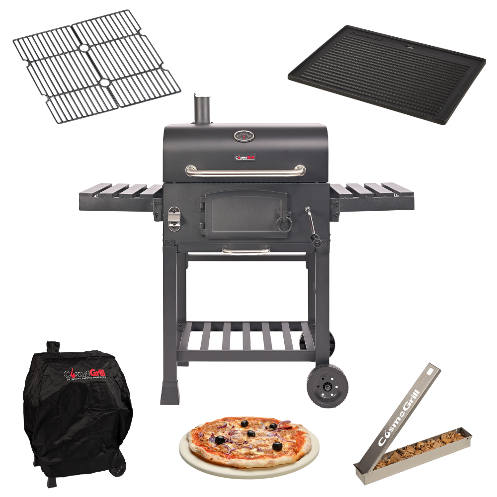 XL Charcoal grill with accessories including a pizza stone, smoker box, cast iron griddle and grill grates and custom-fit BBQ cover