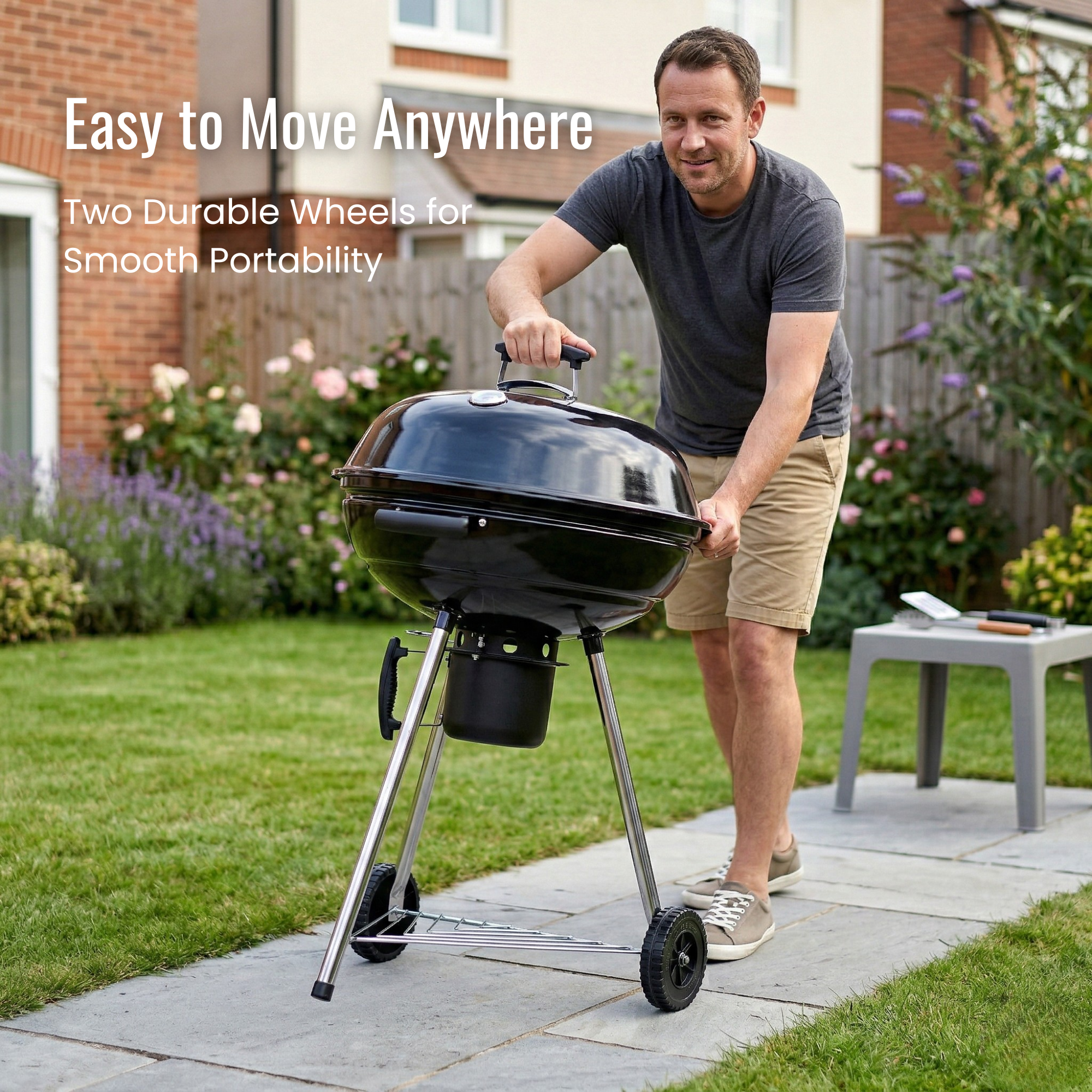 Man pushing a portable barbecue grill with wheels on a patio