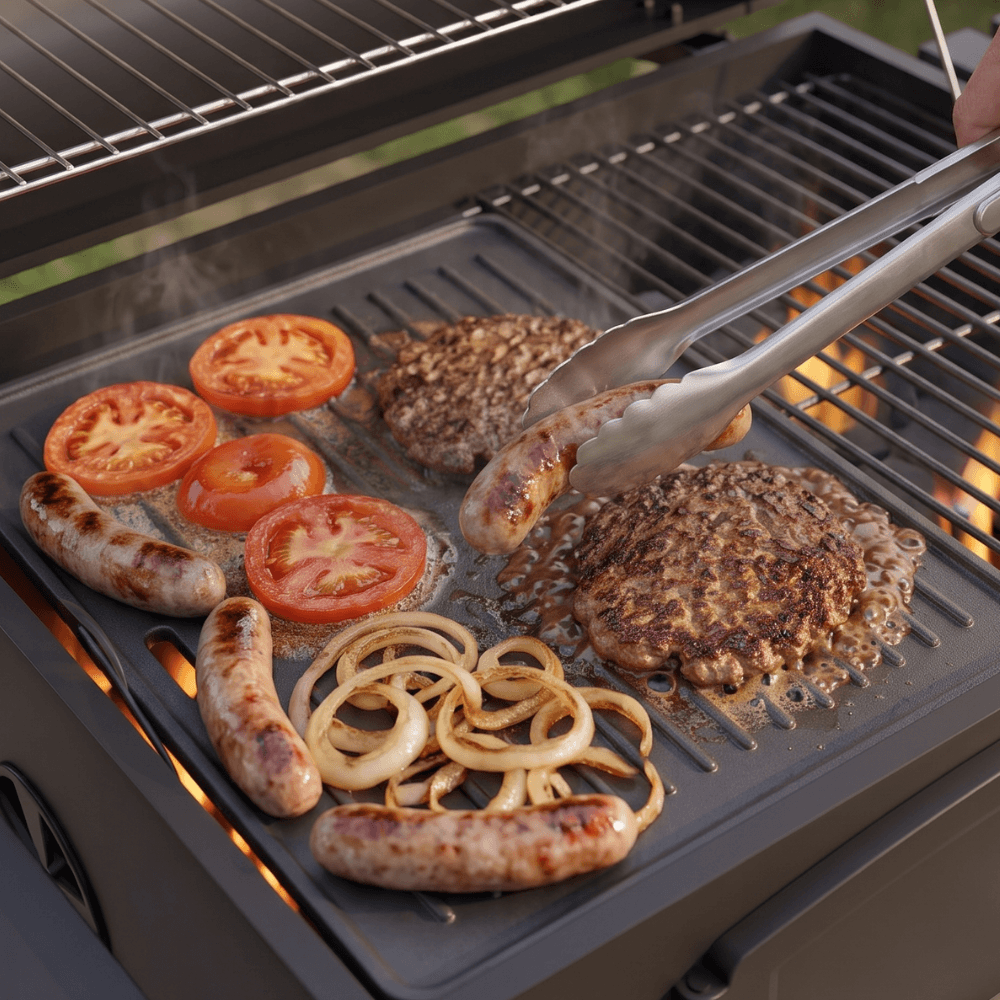 Grilled meat patties, sliced tomatoes, onions, and sausages cooking on a ridged cast iron griddle on the CosmoGrill XL Smoker Charcoal BBQ