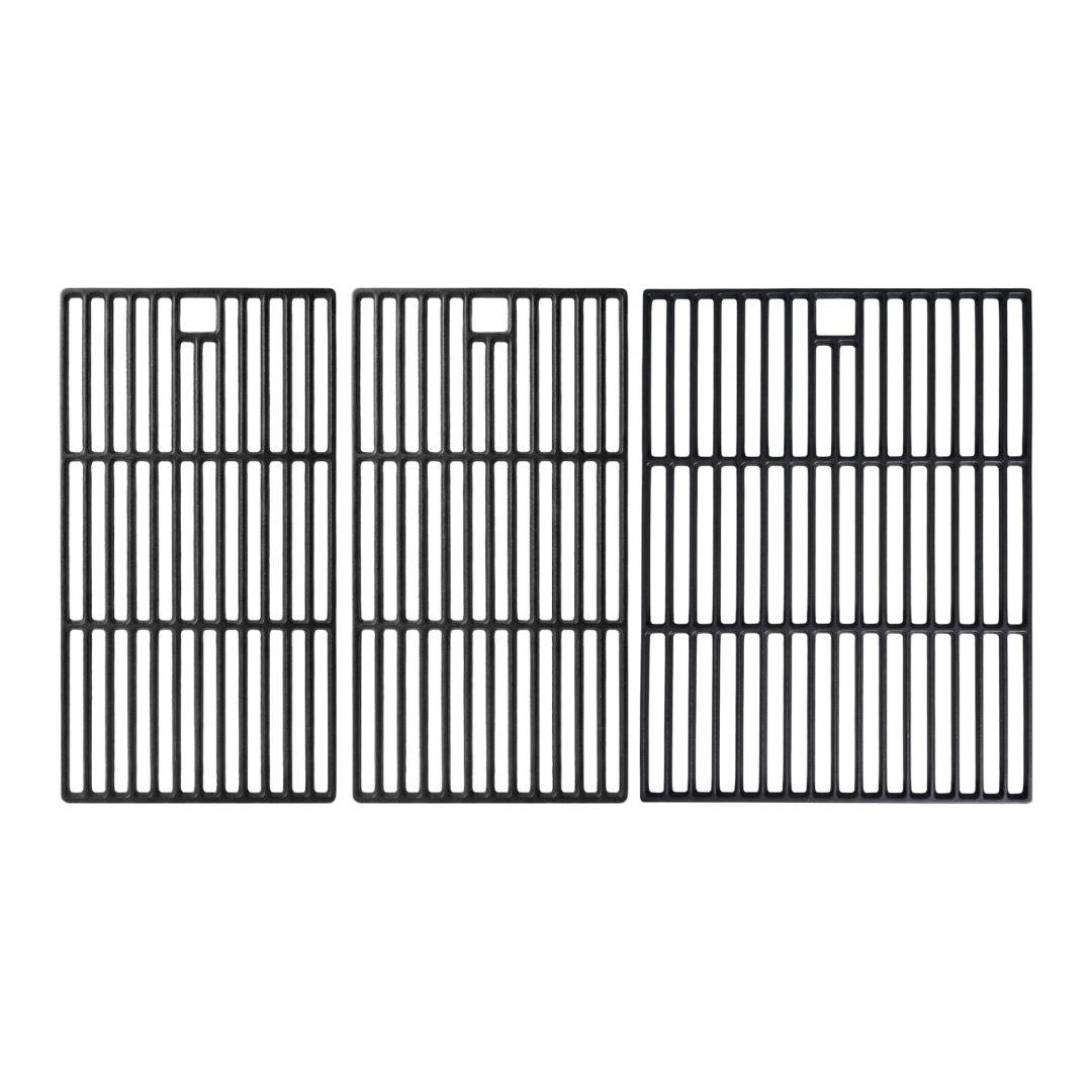 Three black cast iron grill grates on a white background