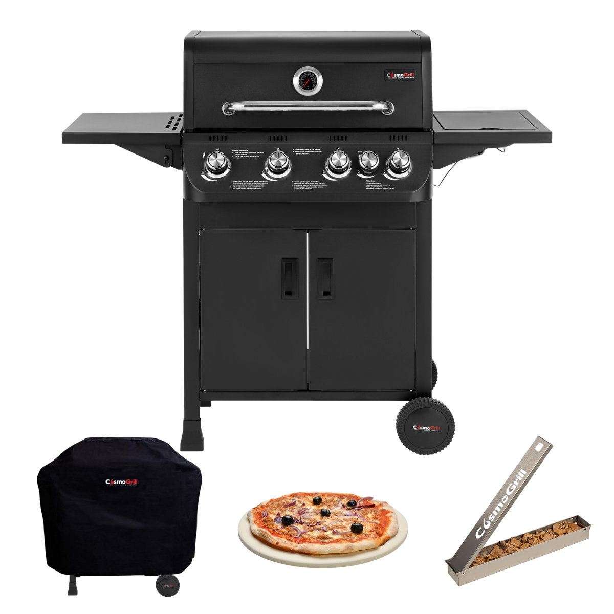 Emberr 4+1 Gas BBQ Bundle with Cover, Pizza Stone & Smoker Box