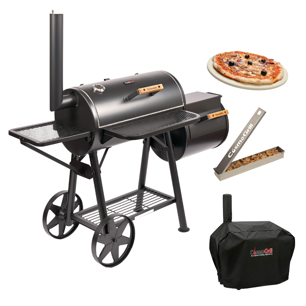XXXL Charcoal Barbecue with Offset Smoker with Cover, Smoker Box and Pizza Stone