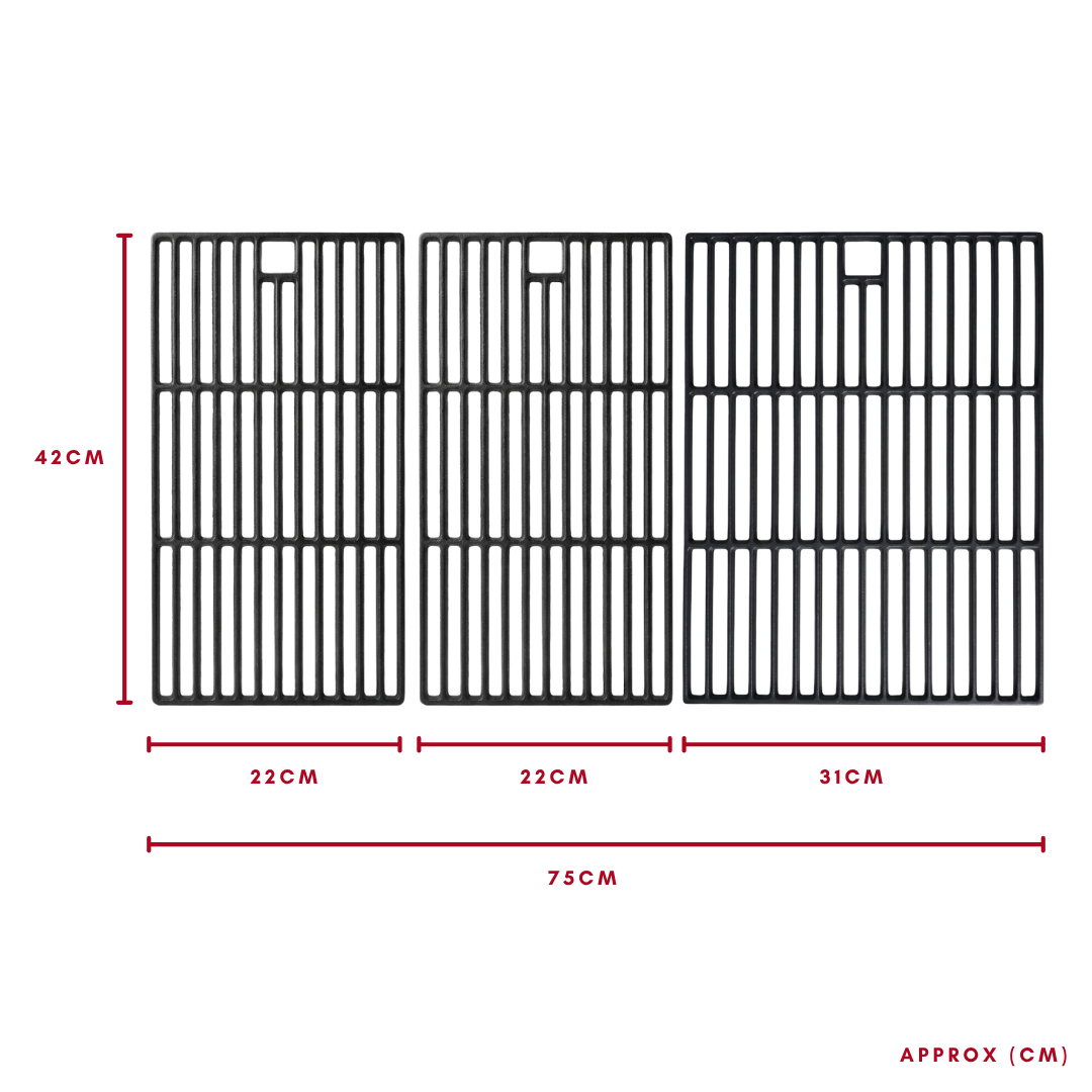 Three cast iron grill grates with dimensions
