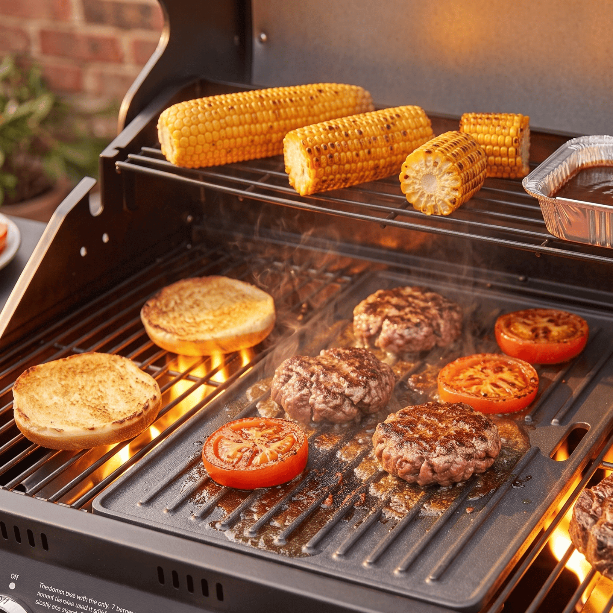 Burger patties and ripe tomatoes developing an even sear cook on Ridged Grill Plate on Gas BBQ