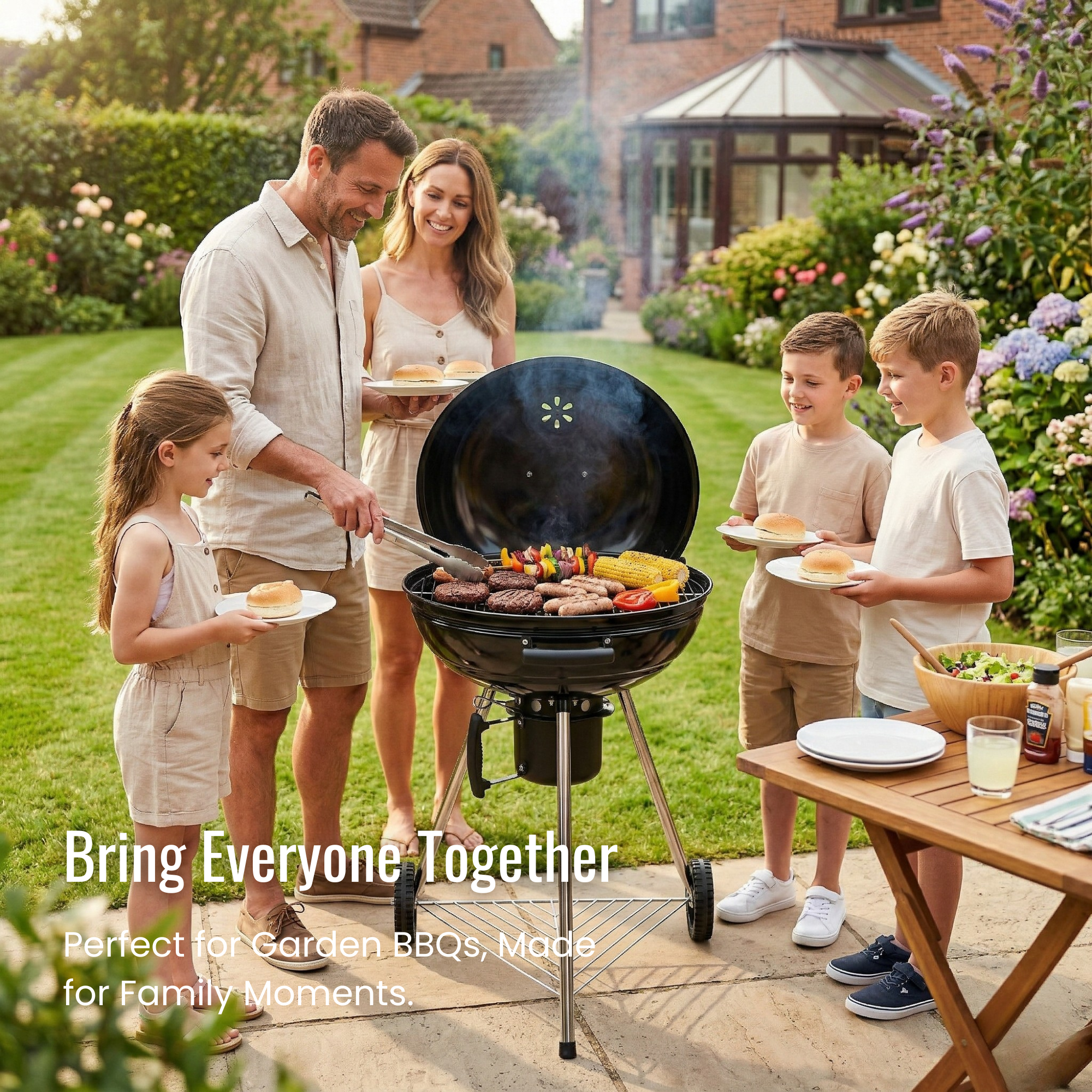 Family together grilling around a round charcoal grill in a garden