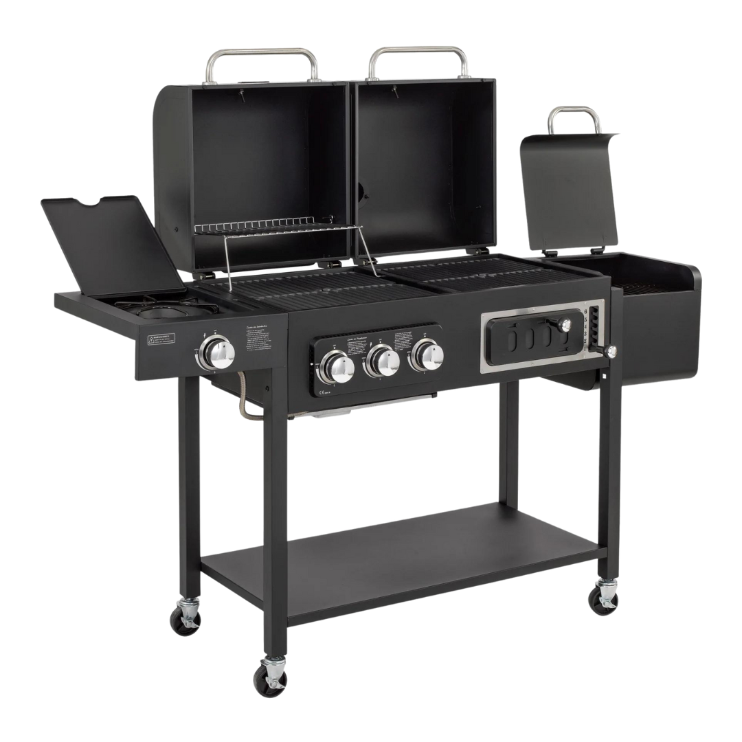 Angled image of CosmoGrill DUO Dual Fuel Gas and Charcoal Barbecue 